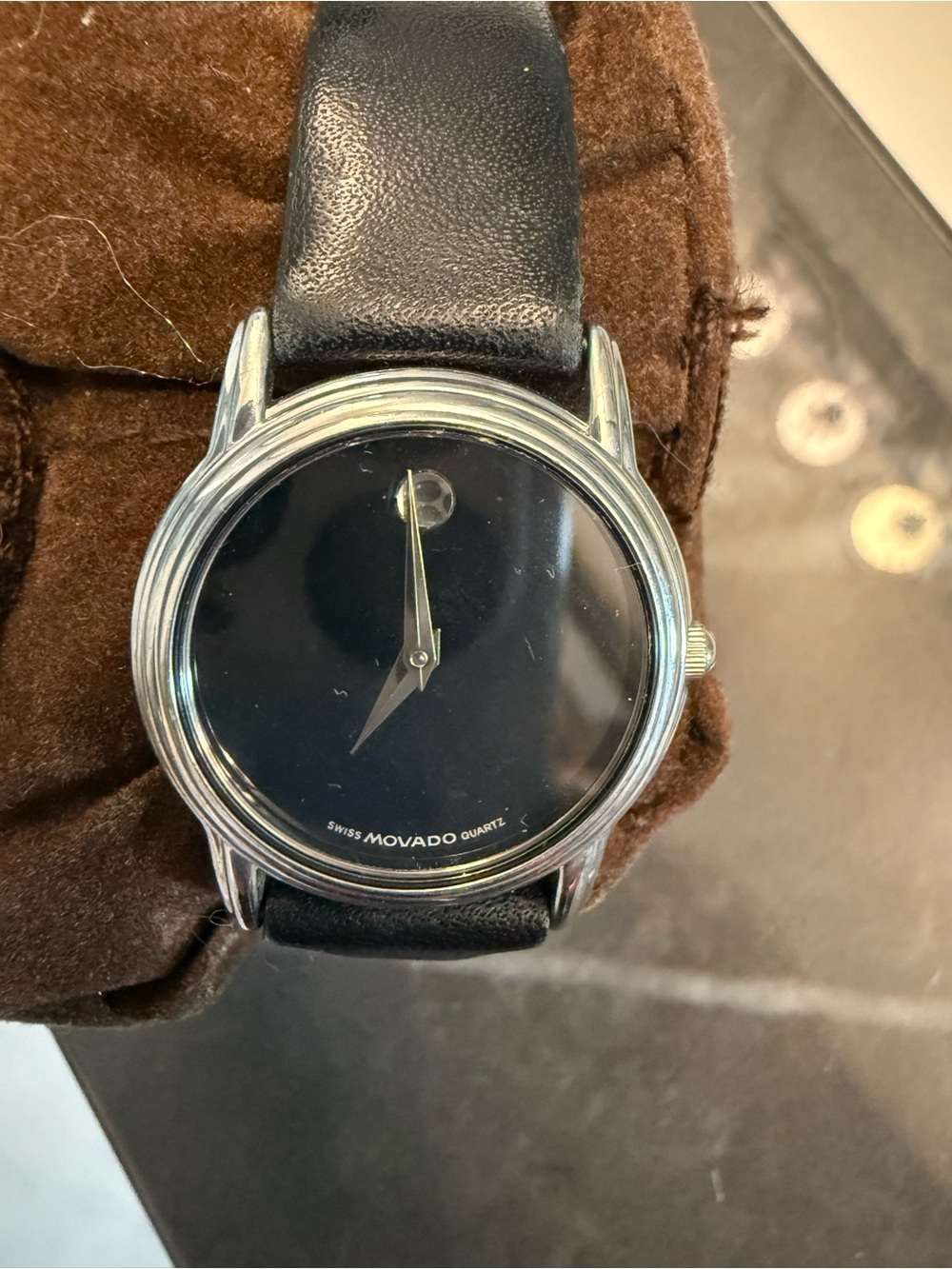 Movado Women’s Black Dial Silver-Tone Case Leather Strap Watch